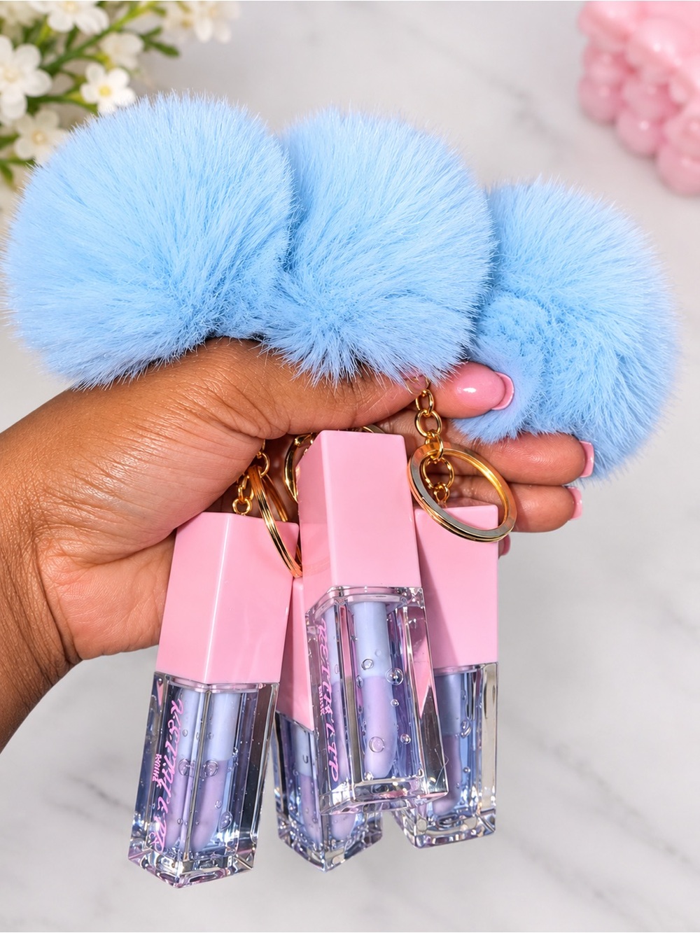 Plush Pom-Pom Keychain Set with Clear Lip Gloss Vials - Blue Pom, Pink Accents